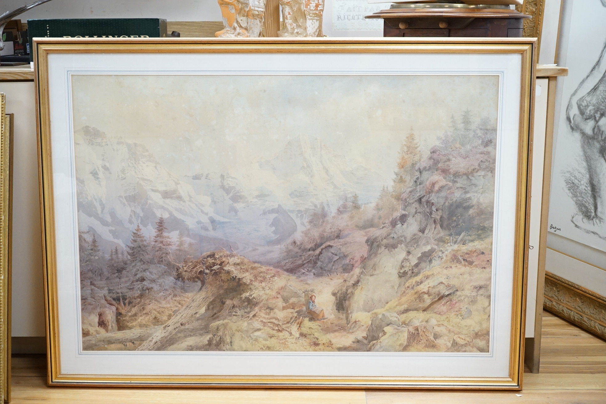 Edward Pritchett (1828-1876), watercolour, North Face of Mount Eiger and the Monch, 67 x 100cm. Condition - discoloured and foxed